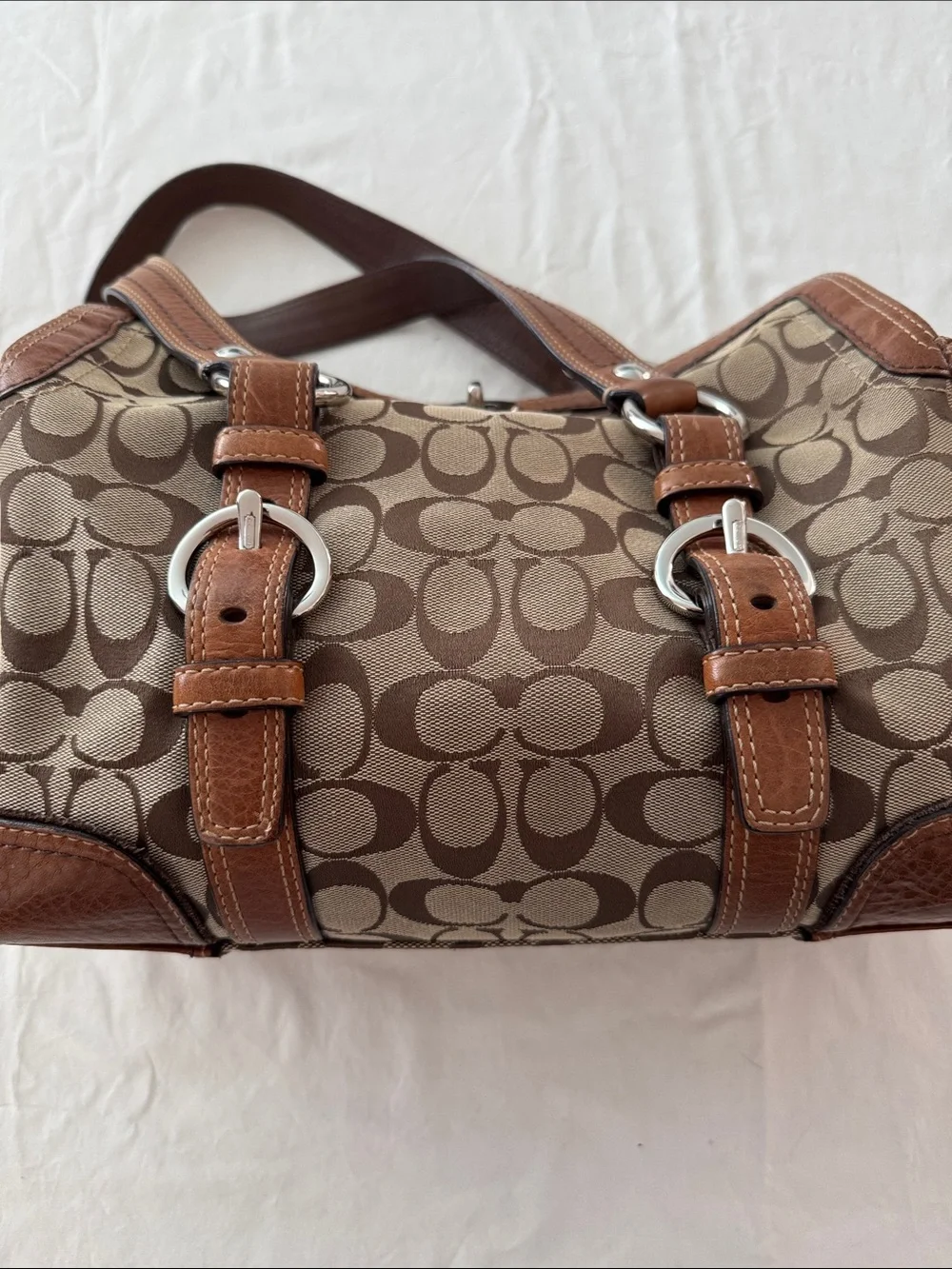 Coach Brown Signature Canvas Shoulder Bag with Tan Leather Trim